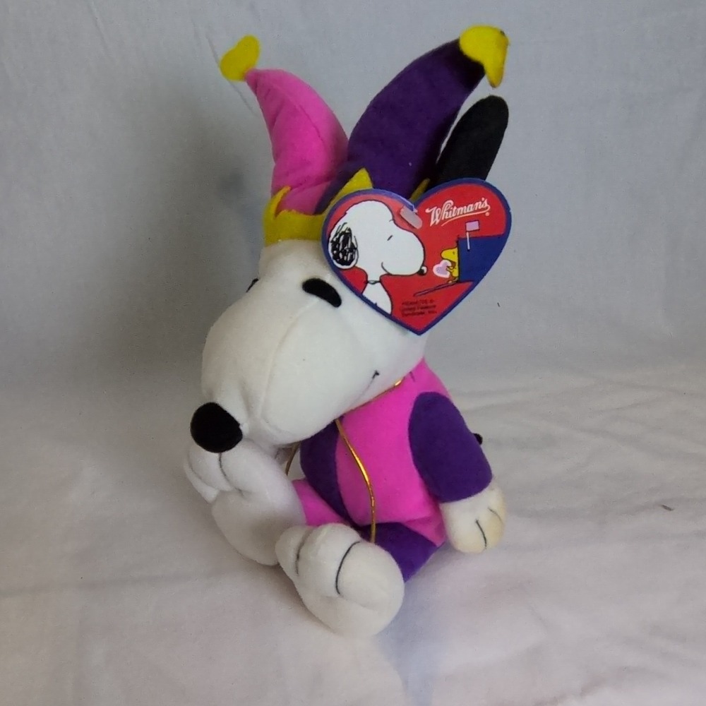 Whitman's Peanuts Snoopy Jester Plush Stuffed Animal Pink Purple Yellow 8 in